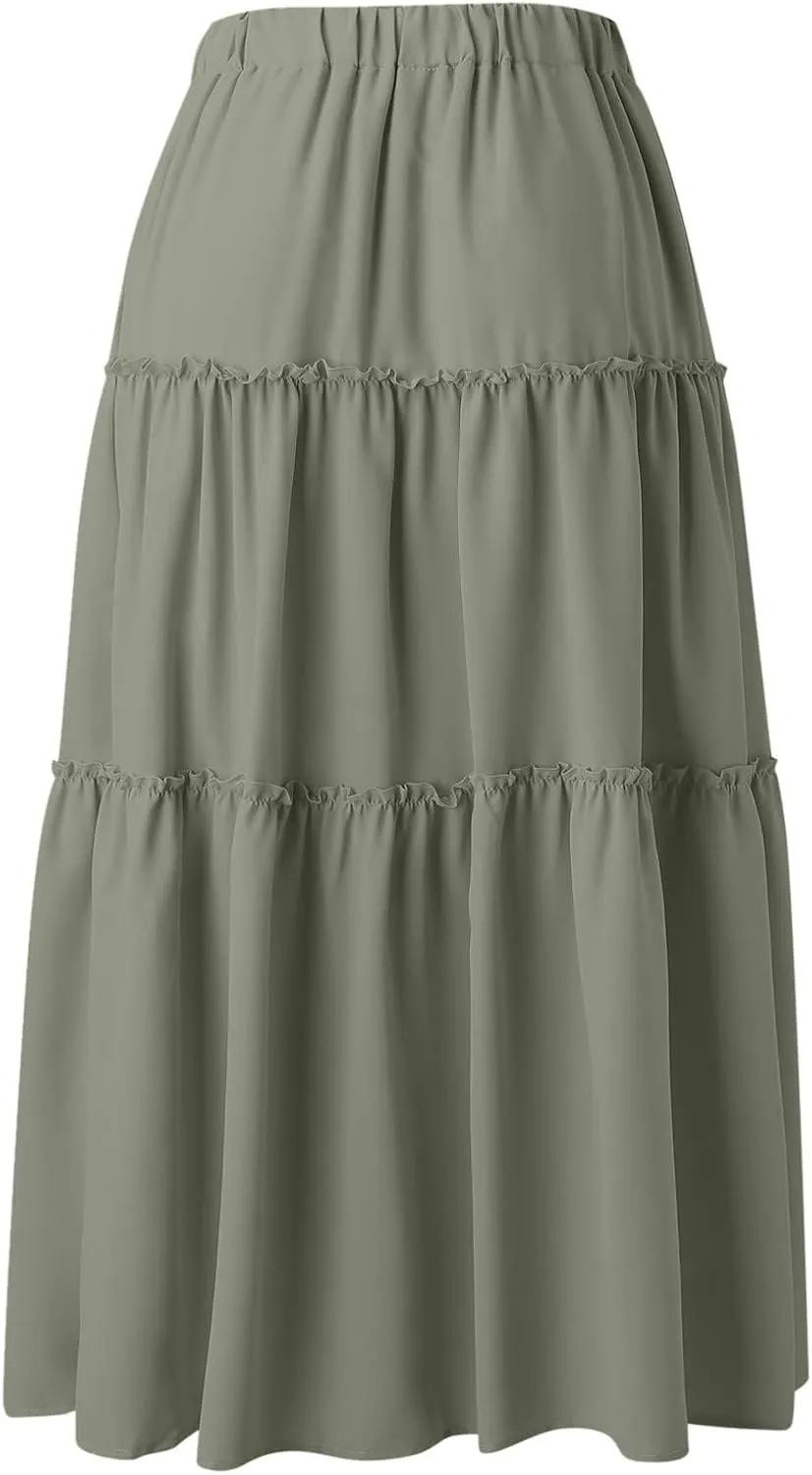 Women's Boho Maxi Skirts Summer Flowy Drawstring High Waisted Skirt Casual Solid Color Ruffle Hem A Line Long Skort