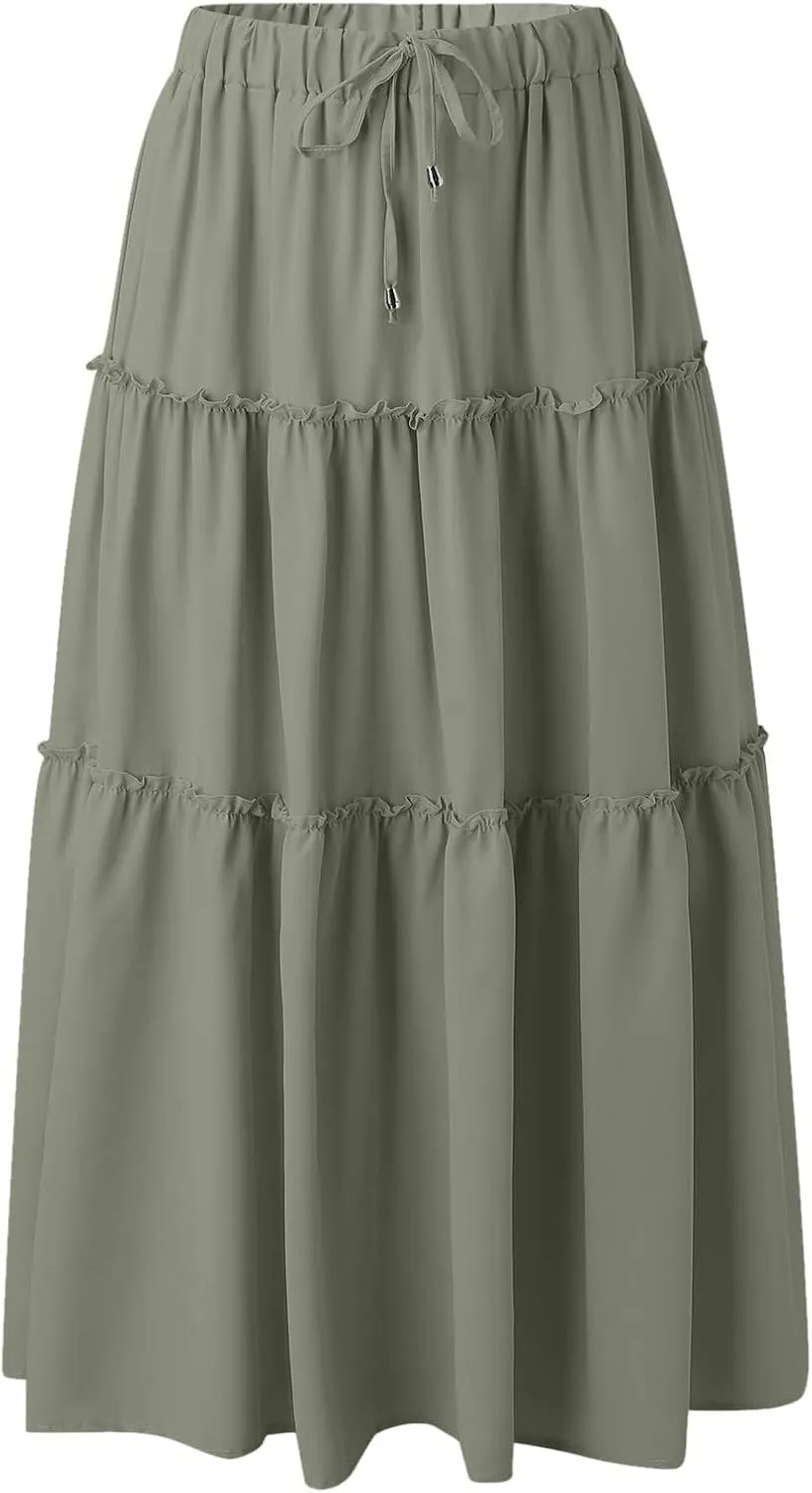 Women's Boho Maxi Skirts Summer Flowy Drawstring High Waisted Skirt Casual Solid Color Ruffle Hem A Line Long Skort