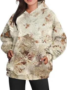 Womens Camo Hoodies Maple Leaf Print Oversized Hooded Camo Sweatshirt,Maple Leaf Print Pullover Tops with Pocket