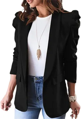 Women's Casual Blazers Puff Sleeve Long Sleeve Lapel Open Front Jackets Work Office Suit Coat with Pockets Cozy Trendy