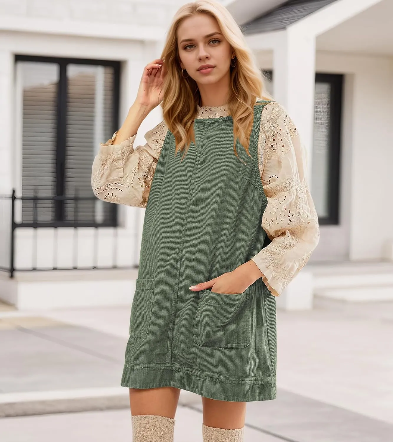 Women's Corduroy Overall Dress Sleeveless A line Fall Mini Dress Pinafore Jumper with Pockets
