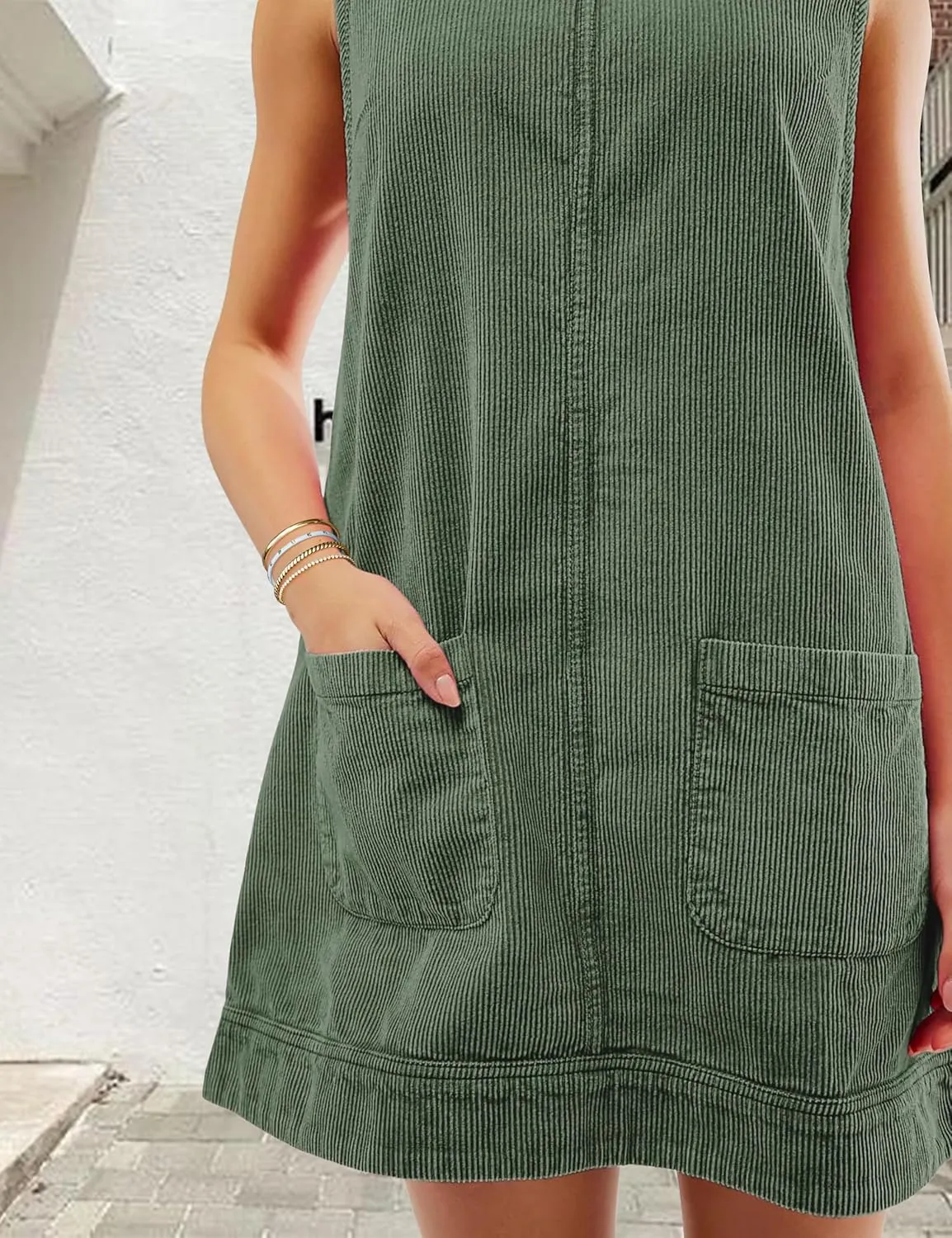 Women's Corduroy Overall Dress Sleeveless A line Fall Mini Dress Pinafore Jumper with Pockets
