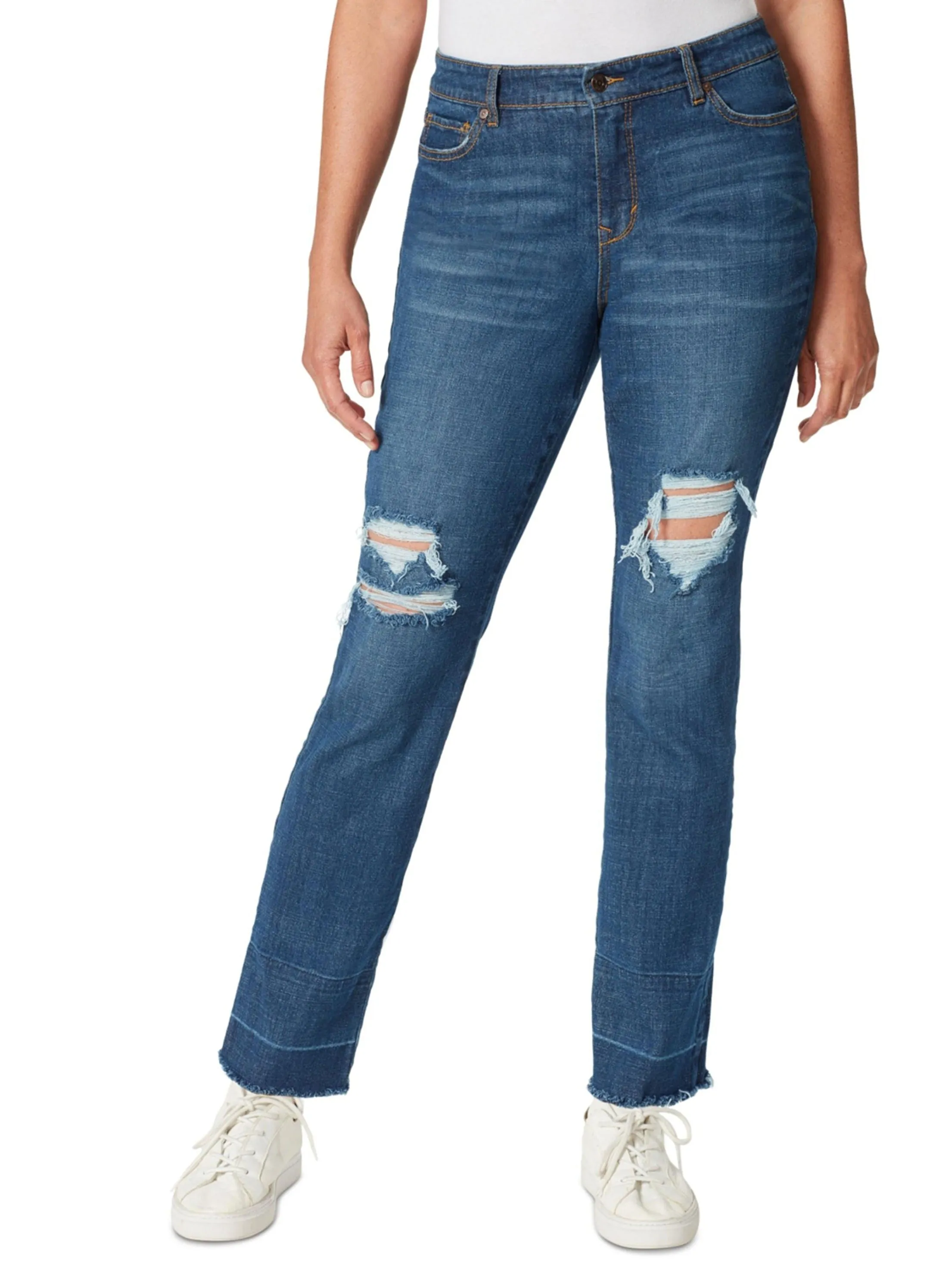 Women's Distressed Raw Hem Ripped Jeans,Dark Blue