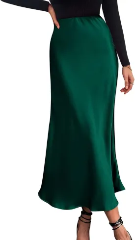 Womens Elegant Satin Skirts Casual A Line Midi Skirt Summer Spring High Waist Cocktail Party Wedding Long Skirt