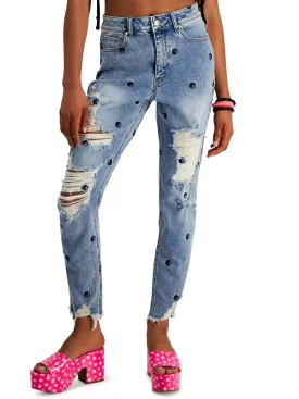 Women's Frayed-Hem Ripped Embroidered Mom Jeans,Blue