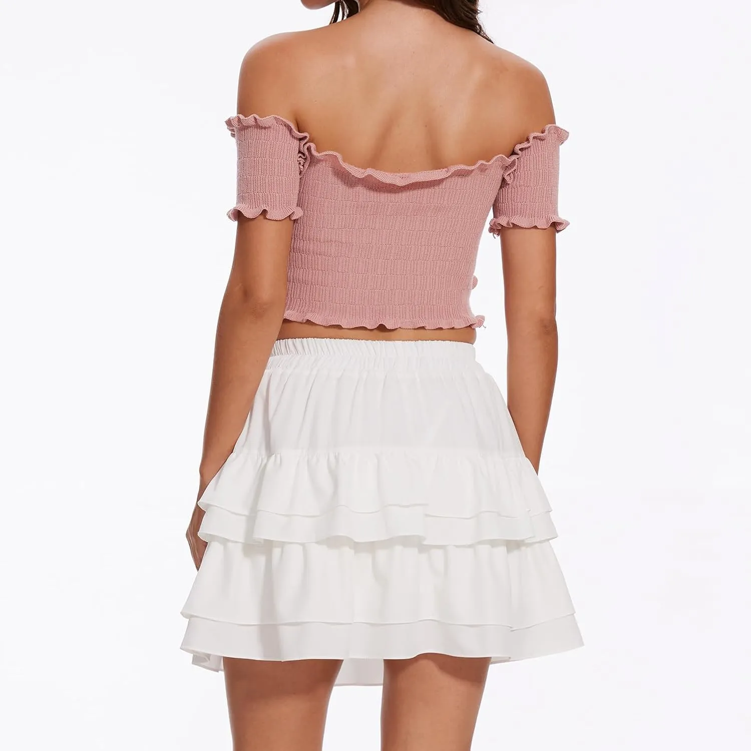 Women's Ruffle Layered Skirt Flowy High Waisted Flared Hem Cute Skirts Summer