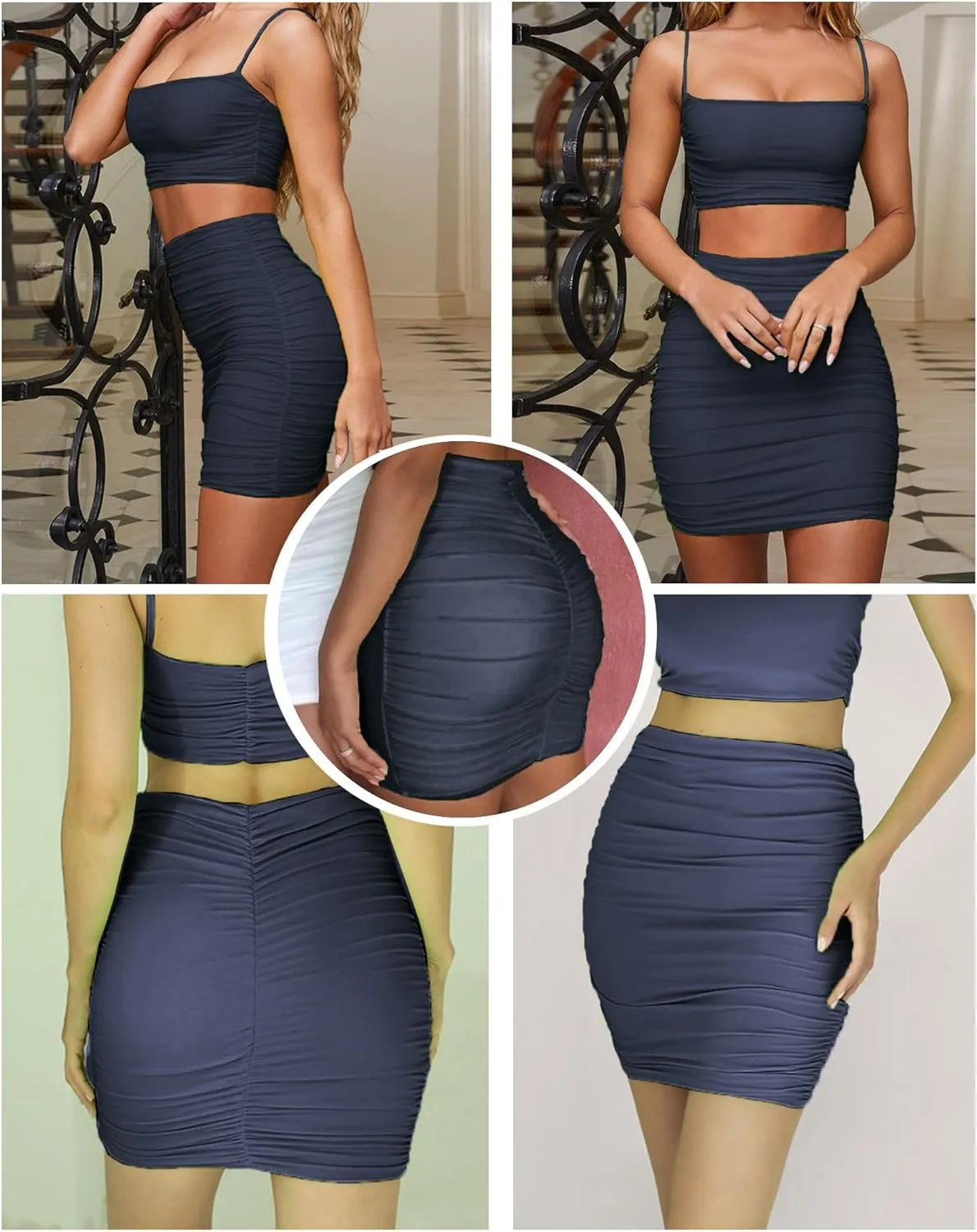 Women's Sexy Mini Skirts Ruched Bodycon Double Layer Club Skirt Trendy Short Skirts Adjustable Length