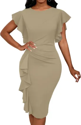 Womens Short Ruffle Sleeve Church Dress 50S Vintage Crew Neck Bodycon Work Pencil Midi Dress