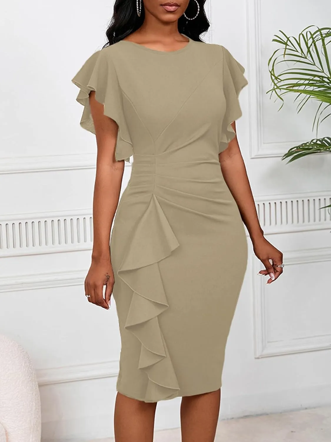 Womens Short Ruffle Sleeve Church Dress 50S Vintage Crew Neck Bodycon Work Pencil Midi Dress