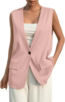 Women's Sleeveless Blazers Solid Color Open Front Blazer Vests Lapel Single Button Business Casual Jackets