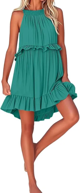 Women's Summer Dresses 2025 Sleeveless Halter Ruffle Hem Mini Short Dress A-Line Flowy Boho Beach Vacation Sundress