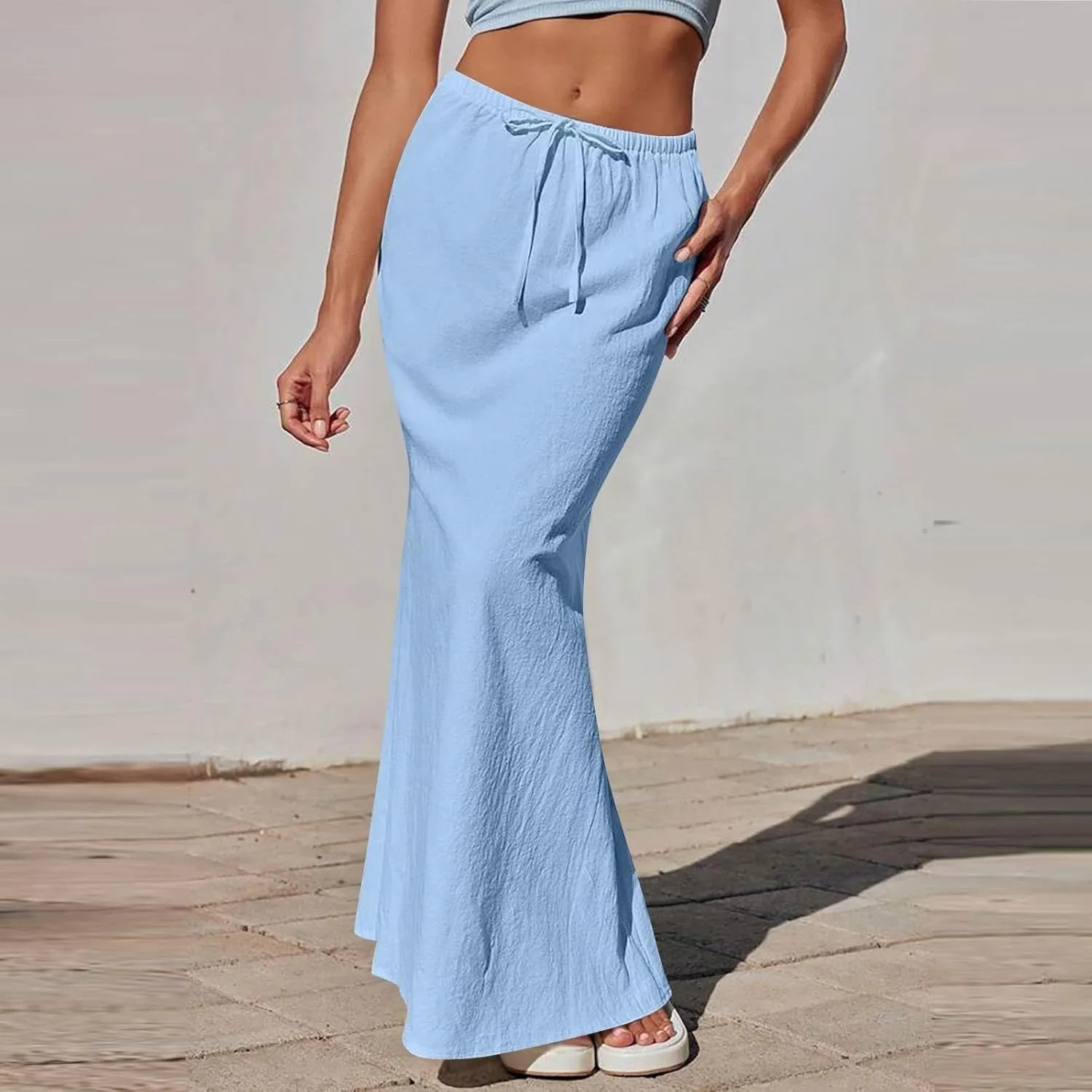 Womens Summer Maxi Skirts Elastic Waist Drawstring Back Slit Flared Skirt Casual Dressy Linen A-Line Flowy Long Skirt