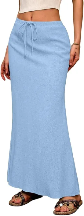 Womens Summer Maxi Skirts Elastic Waist Drawstring Back Slit Flared Skirt Casual Dressy Linen A-Line Flowy Long Skirt