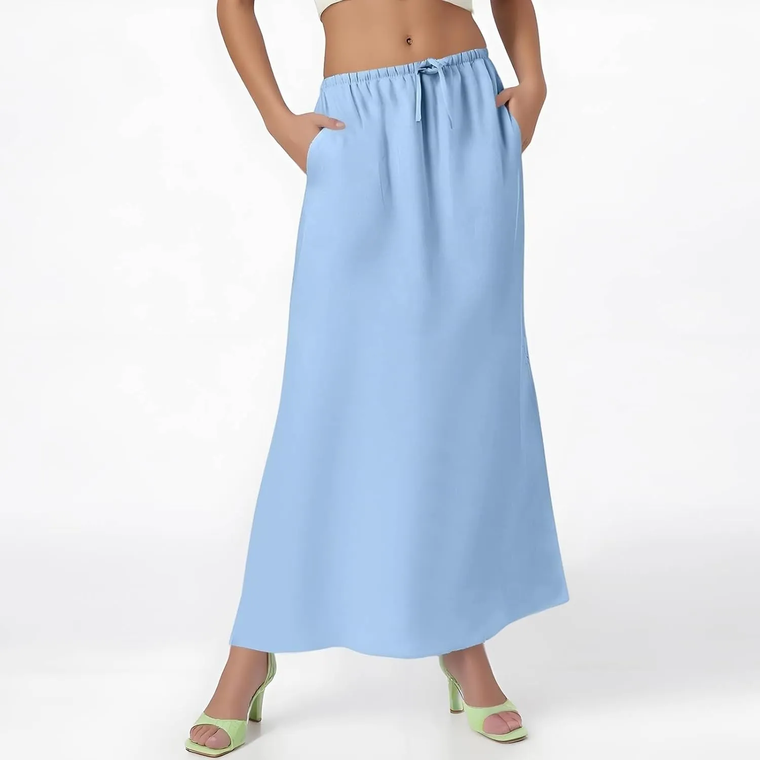 Womens Summer Maxi Skirts Elastic Waist Drawstring Back Slit Flared Skirt Casual Dressy Linen A-Line Flowy Long Skirt