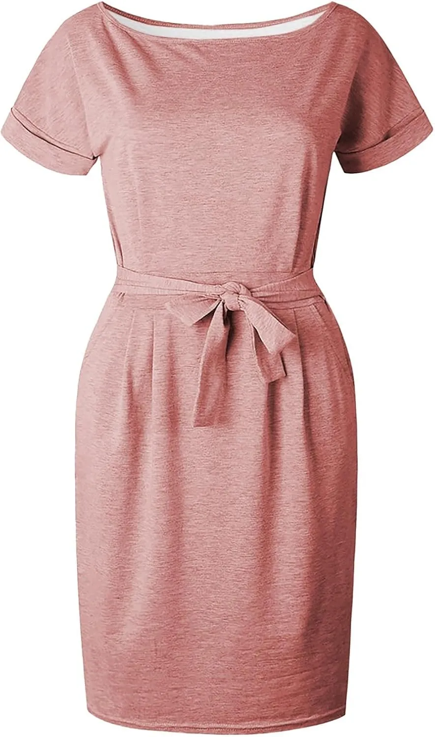 Womens Summer T Shirt Dress Casual Crew Neck Short Sleeve Tie Waist Midi Dresses Ruched Bodycon Beach Dress with Pockets