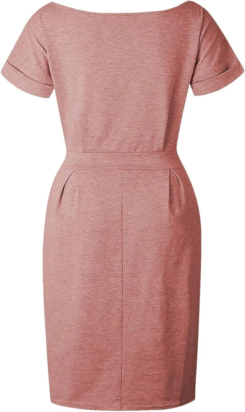 Womens Summer T Shirt Dress Casual Crew Neck Short Sleeve Tie Waist Midi Dresses Ruched Bodycon Beach Dress with Pockets