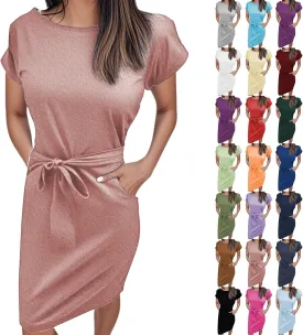 Womens Summer T Shirt Dress Casual Crew Neck Short Sleeve Tie Waist Midi Dresses Ruched Bodycon Beach Dress with Pockets