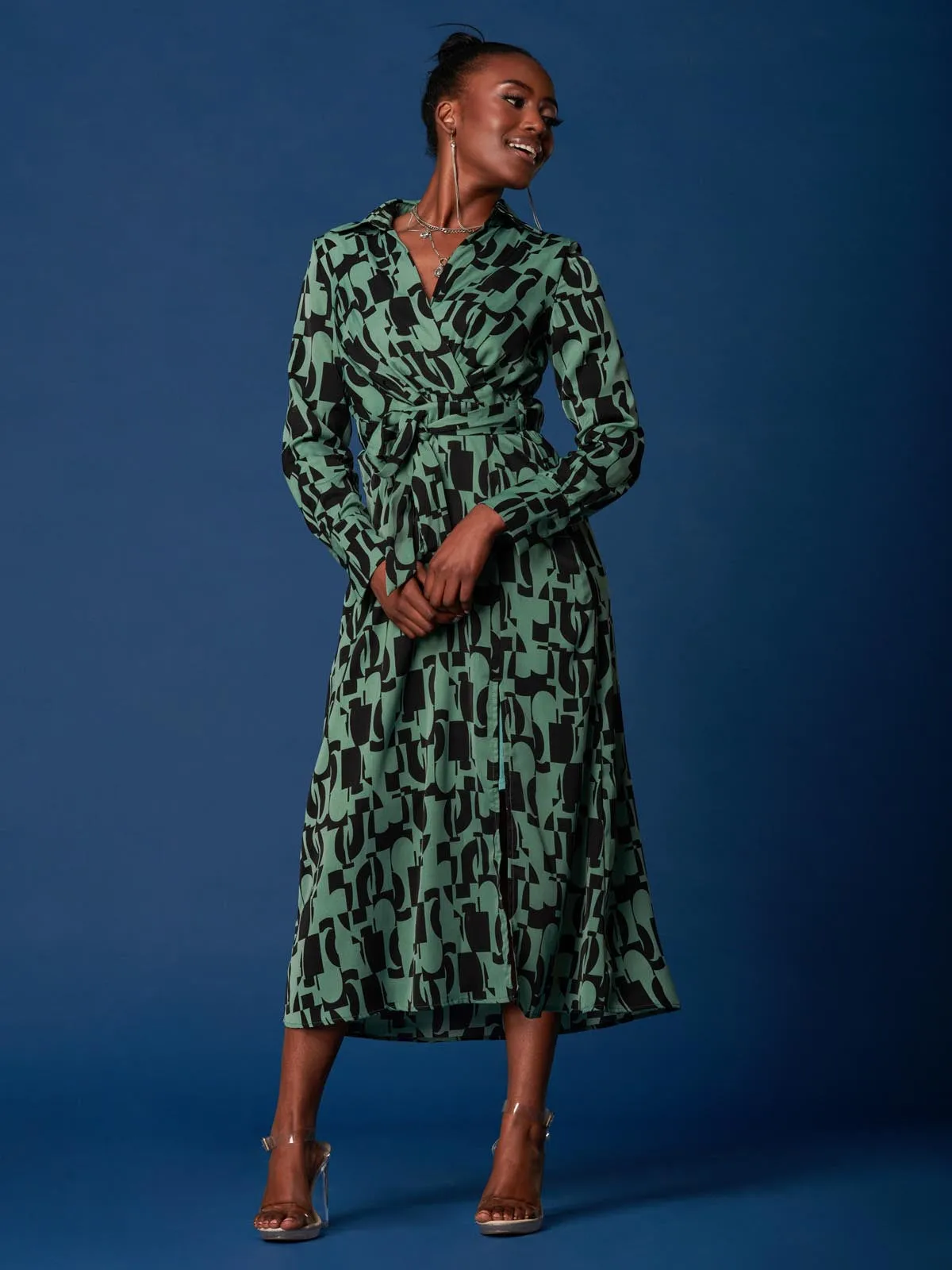 Wrap Detail Shirt Maxi Dress, Green Geo