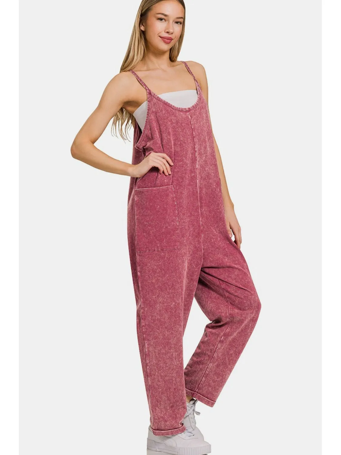 Zenana Washed Spaghetti Straps Overalls with Pockets