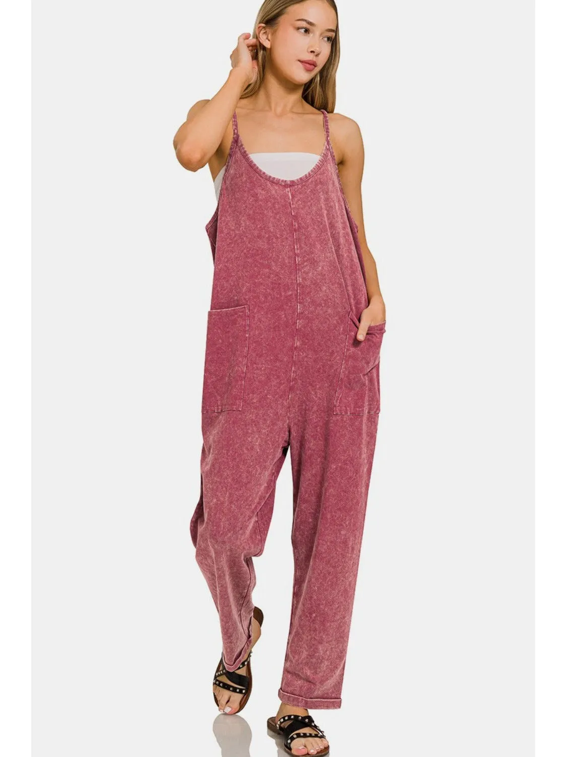 Zenana Washed Spaghetti Straps Overalls with Pockets