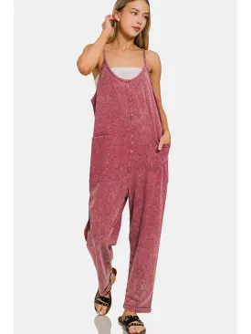 Zenana Washed Spaghetti Straps Overalls with Pockets