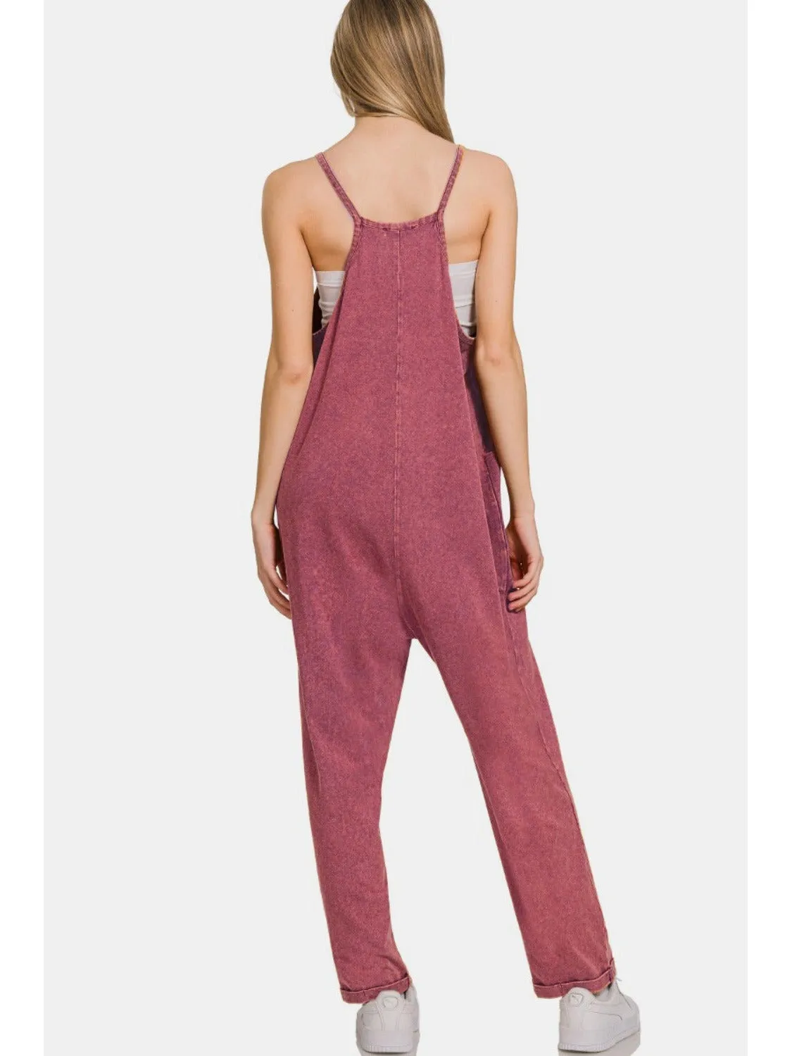 Zenana Washed Spaghetti Straps Overalls with Pockets
